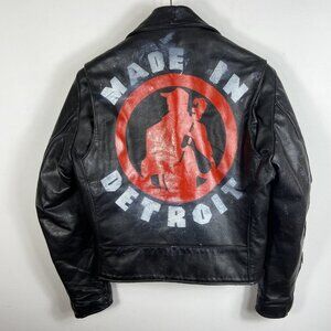 Vtg Leather Custom Made In Detroit Motorcycle Jacket Sz L Painted Ramones Eagle
